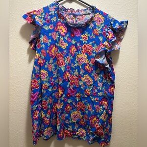Emily Wonder Floral Ruffle Sleeve Top Size XL EUC Boho Boutique Blouse